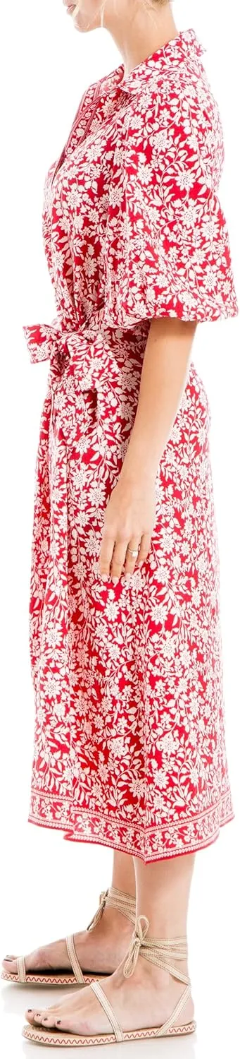 Max Studio Women's Spring 2023 Chic Fashion Casual Printed Puff Sleeve Midi Everyday Shirt Dress