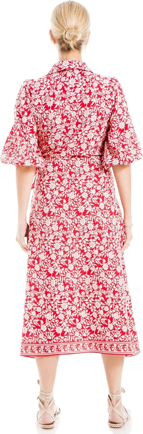 Max Studio Women's Spring 2023 Chic Fashion Casual Printed Puff Sleeve Midi Everyday Shirt Dress
