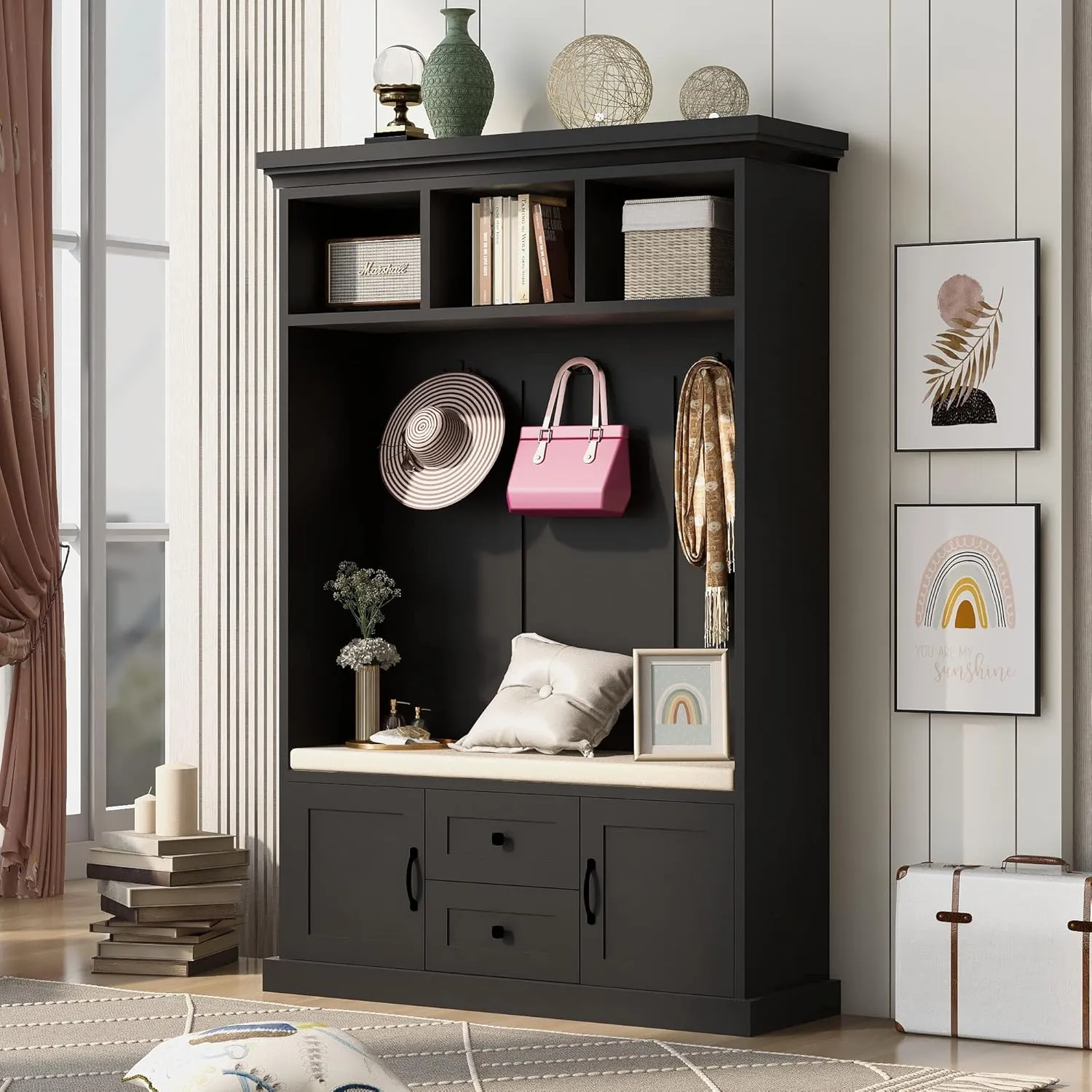 Merax Hall Tree with 3 Hooks, Coat Hanger, Entryway Bench, Storage Bench, 3-in-1 Design, for Entrance, Hallway, Black