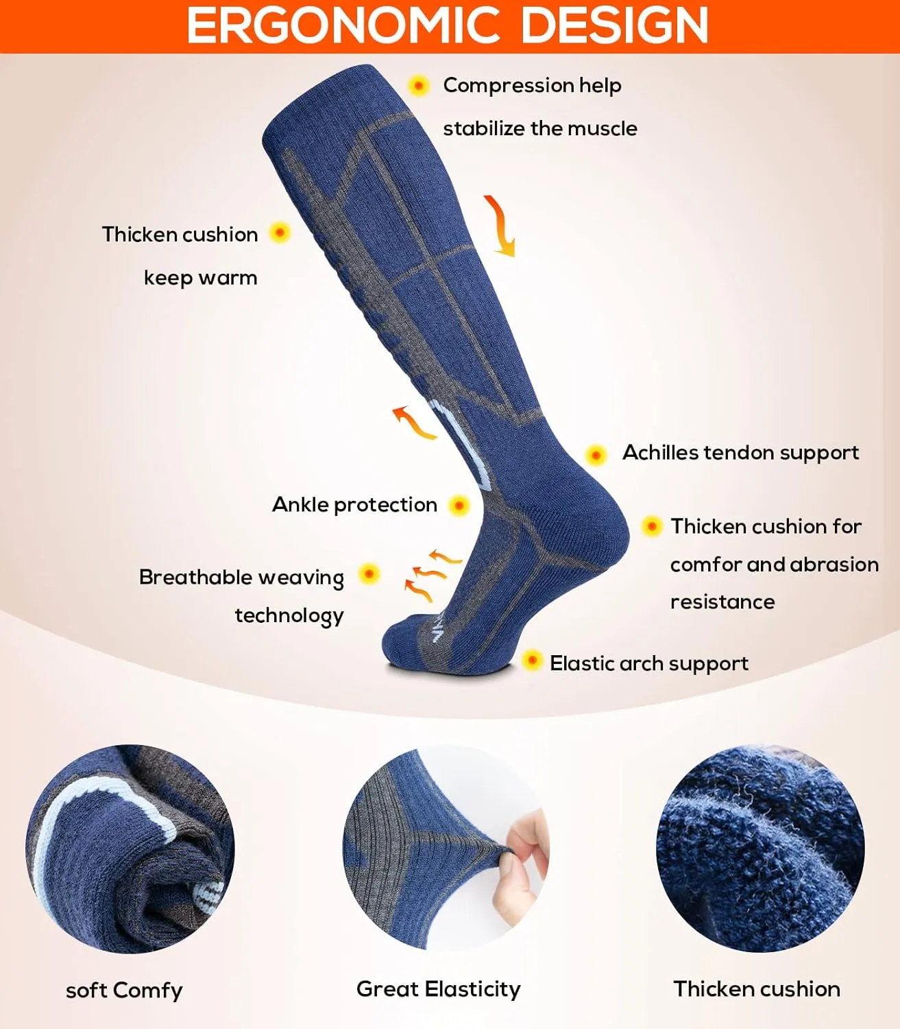 Merino Wool Ski Socks for Men & Women, Knee-High Winter Thermal Snowboarding Socks Packs