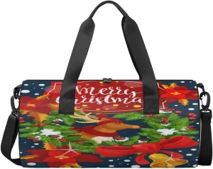 Merry Christmas Travel Duffel Bag Christmas Bell Reindeer Sports Gym Bag Men Women Sports Travel Luggage Bag 17.6”×9”×9 “ Duffel Bag Weekend Overnight Gym Bag Nvenient For Carrying