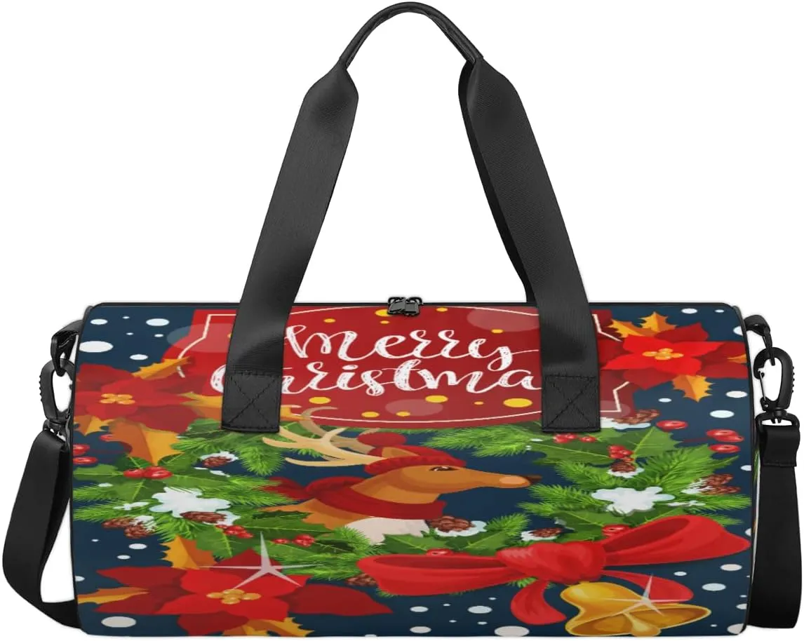 Merry Christmas Travel Duffel Bag Christmas Bell Reindeer Sports Gym Bag Men Women Sports Travel Luggage Bag 17.6”×9”×9 “ Duffel Bag Weekend Overnight Gym Bag Nvenient For Carrying