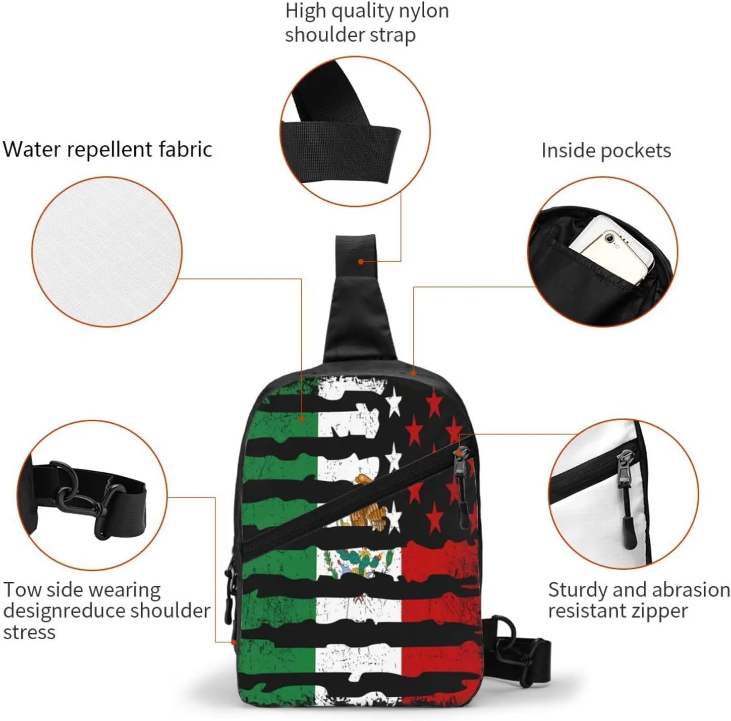 Mexican American Pride USA Flag Mexico Roots Portable Crossbody Bag Foldable Sling Bags Sports Gym Chest Daypack Reusable Shoulder Backpack Casual Diagonally Rucksack Fanny Packs