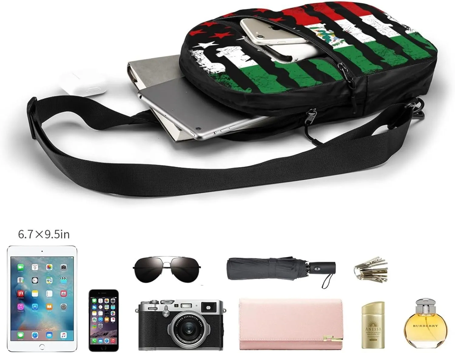 Mexican American Pride USA Flag Mexico Roots Portable Crossbody Bag Foldable Sling Bags Sports Gym Chest Daypack Reusable Shoulder Backpack Casual Diagonally Rucksack Fanny Packs