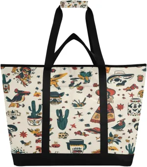 Mexican Style Reusable Insulated Lunchbox Cooler Bag, Leakproof Kitchen Grocery Bag Collapsible Portable Cooler Tote Bag for Picnic, Camping, Office, Travel