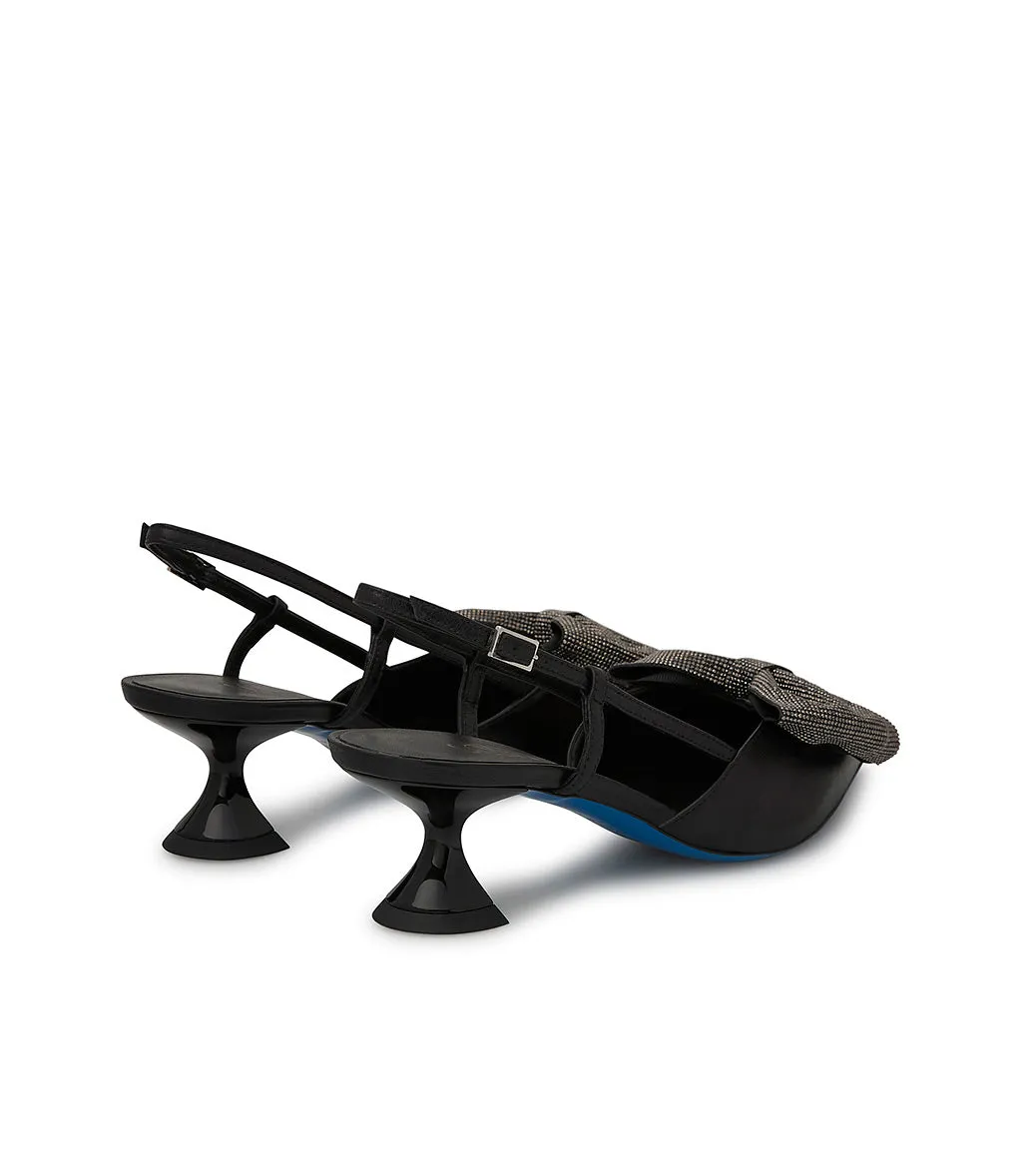 Micro cyrstals bow black nappa leather slingback