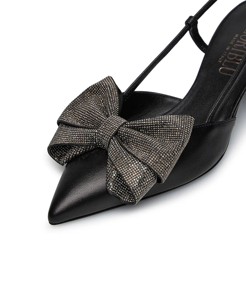 Micro cyrstals bow black nappa leather slingback