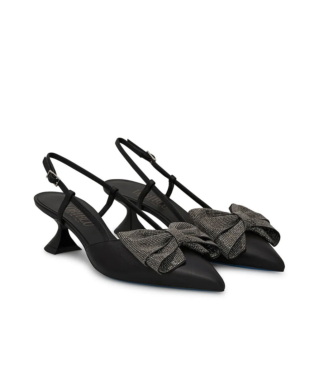 Micro cyrstals bow black nappa leather slingback