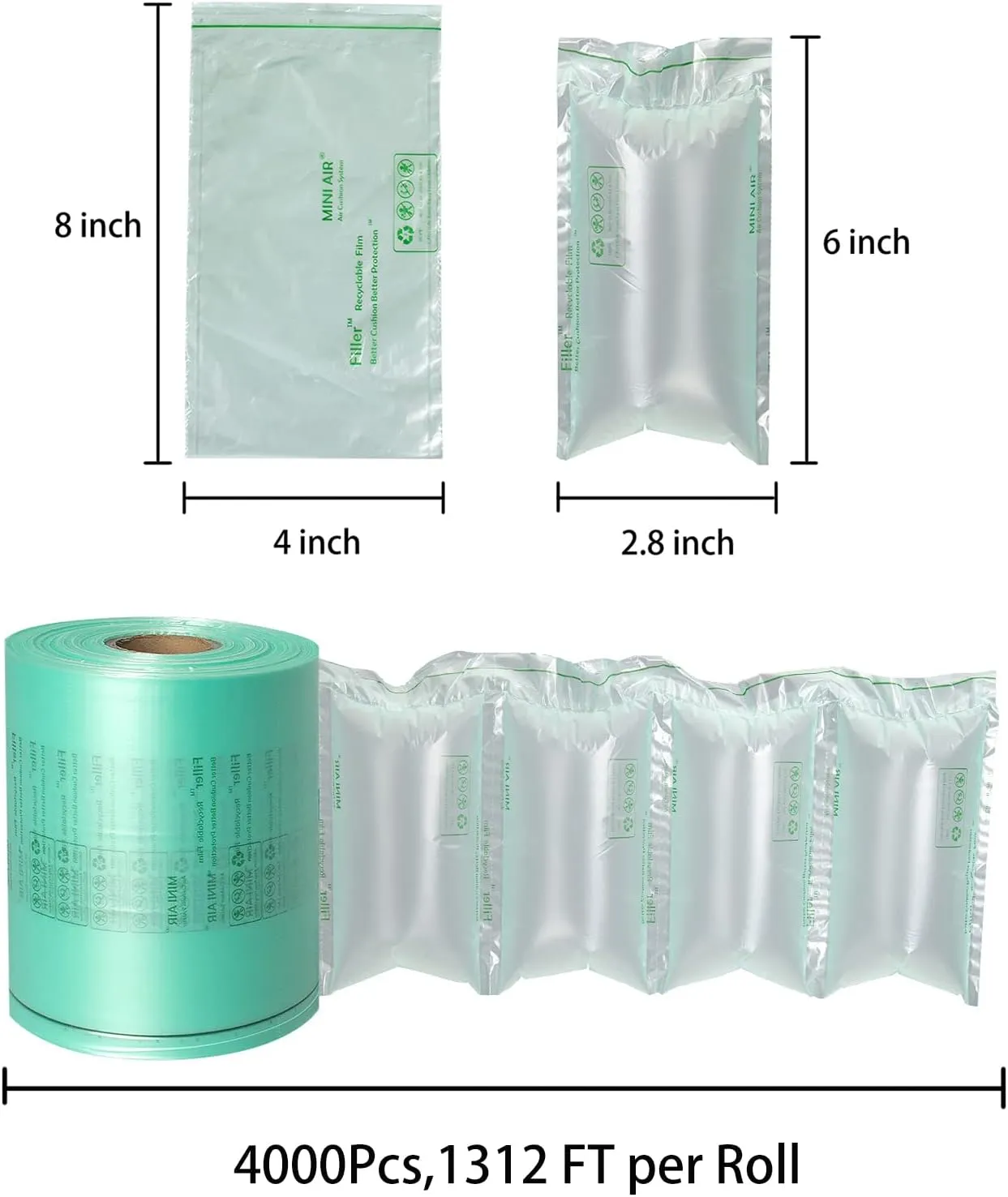MINI AIR EASI 1 roll 8"x4" for Mini Air Easi Generation 2 Grey Machine, 4000Pcs 1312 FT Per Roll, Inflatable Packaging Air Pillow Bag