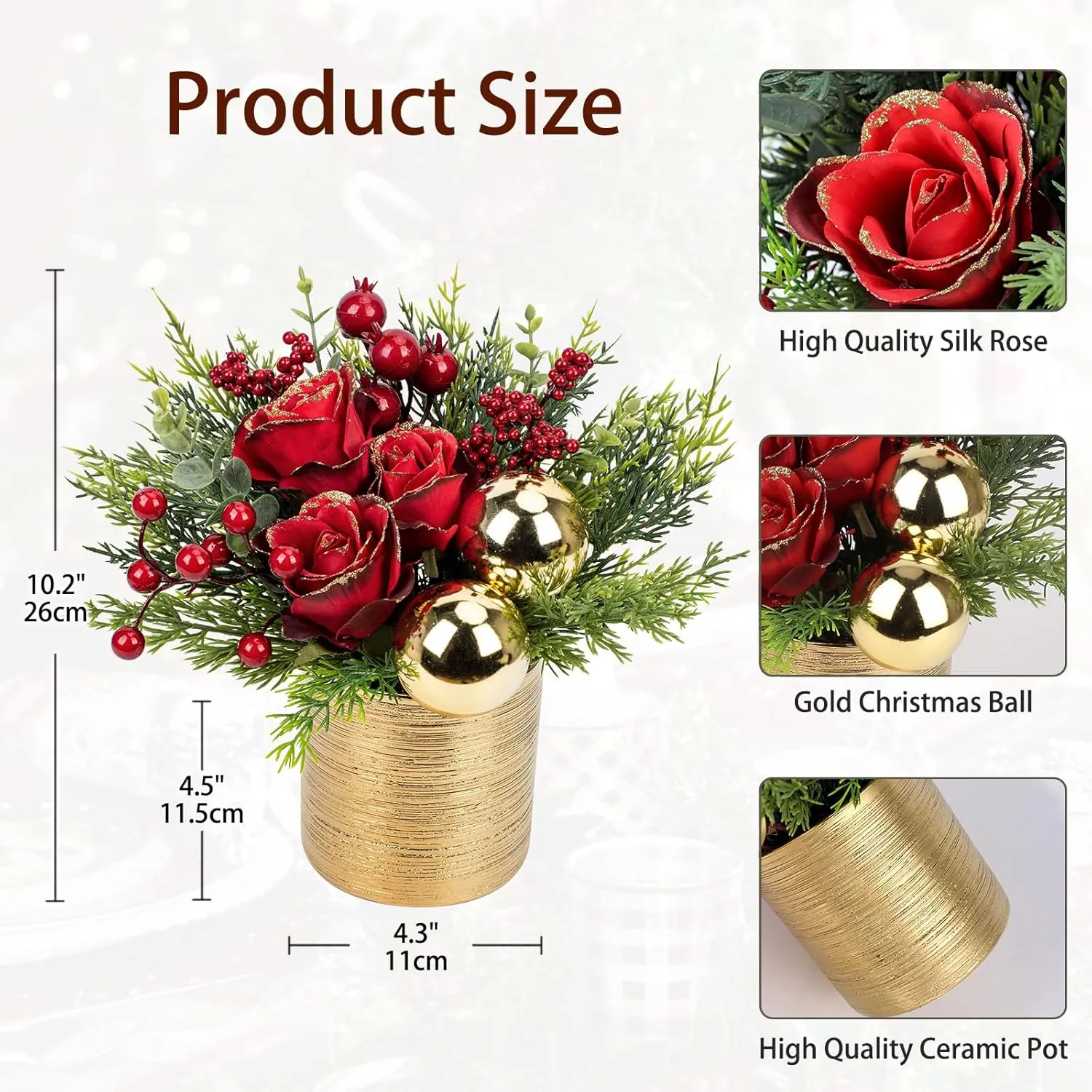 Mini Christmas Tree, Artificial Potted Christmas Tree with Ball Ornaments Roses Berries Tabletop Small Christmas Floral Arrangements in Gold Pot Xmas Centerpieces for Tables Desk Mantle Decor-10.2''