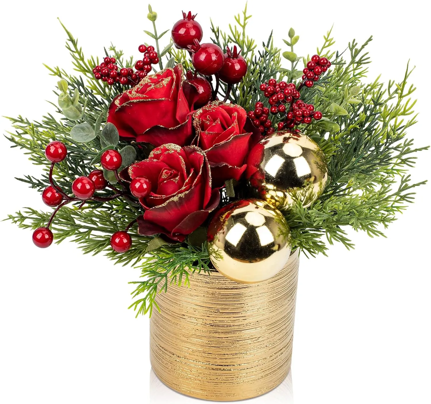 Mini Christmas Tree, Artificial Potted Christmas Tree with Ball Ornaments Roses Berries Tabletop Small Christmas Floral Arrangements in Gold Pot Xmas Centerpieces for Tables Desk Mantle Decor-10.2''