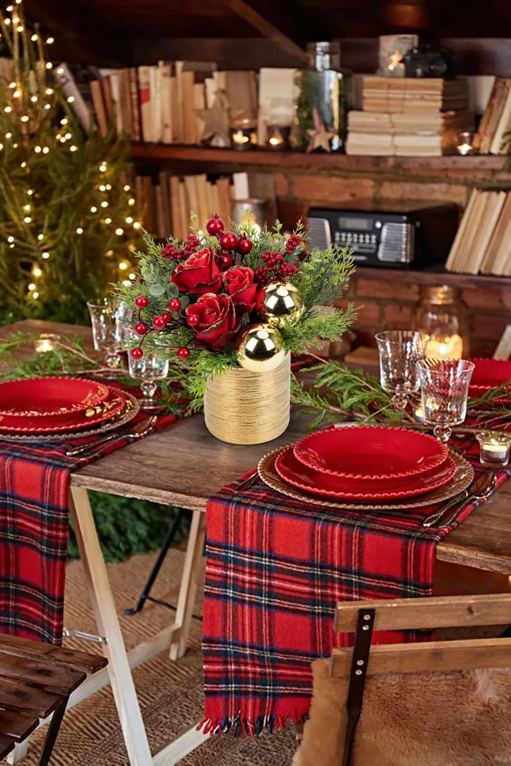 Mini Christmas Tree, Artificial Potted Christmas Tree with Ball Ornaments Roses Berries Tabletop Small Christmas Floral Arrangements in Gold Pot Xmas Centerpieces for Tables Desk Mantle Decor-10.2''