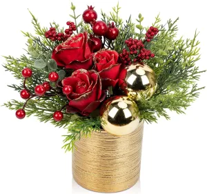 Mini Christmas Tree, Artificial Potted Christmas Tree with Ball Ornaments Roses Berries Tabletop Small Christmas Floral Arrangements in Gold Pot Xmas Centerpieces for Tables Desk Mantle Decor-10.2''