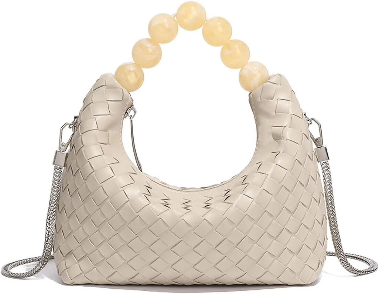 Mini Deluxe Leather Handmade Woven Women's Tote with Beaded Carrying Handle Age Reduced Elegant Chain Crossbody Bag