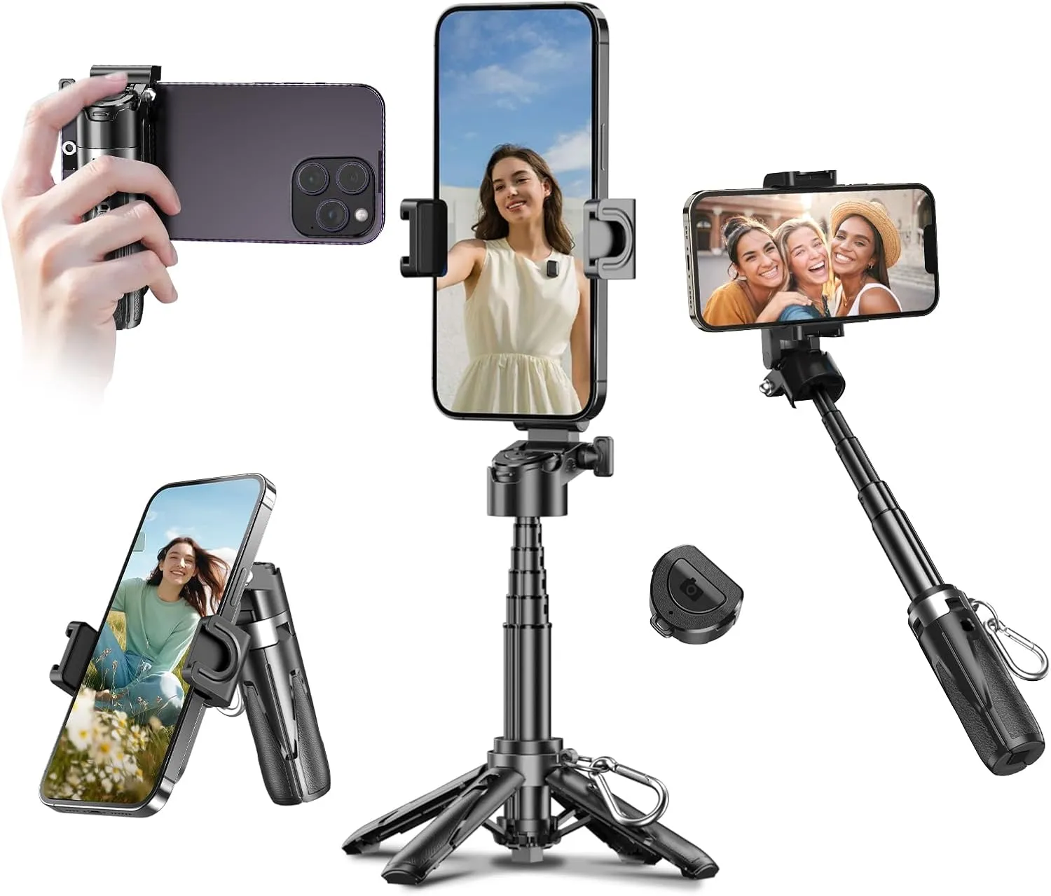 Mini Selfie Stick Tripod with Remote, 3-in-1 Portable Phone Tripod Grip with 2 Cold Shoe Mounts, Pocket Size Phone Holder for iPhone Android, Vlog, Video, Livestreaming, Photography (Black)T26