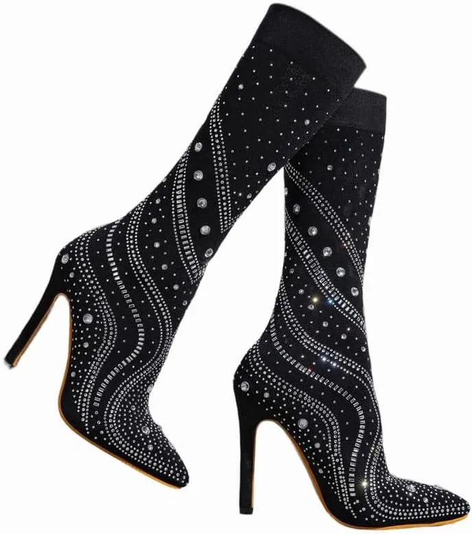 MissHeel Sparkly Rhinestone Stocking Boots Mid Calf Stiletto Heel Stretch Boots