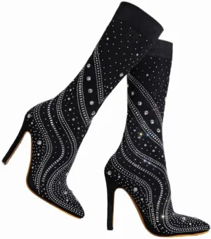 MissHeel Sparkly Rhinestone Stocking Boots Mid Calf Stiletto Heel Stretch Boots