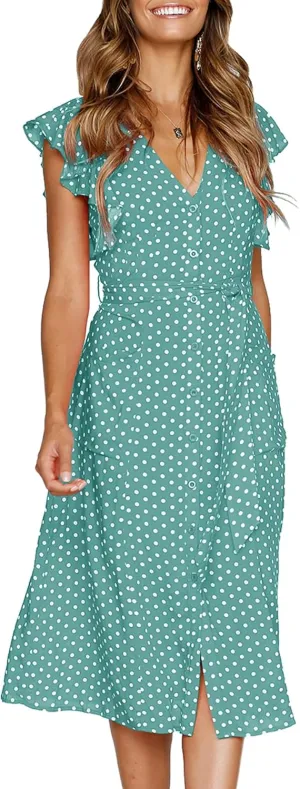 MITILLY Women's Boho Polka Dot Flutter Short Sleeve V Neck Button Down Swing Midi Dress with Pockets