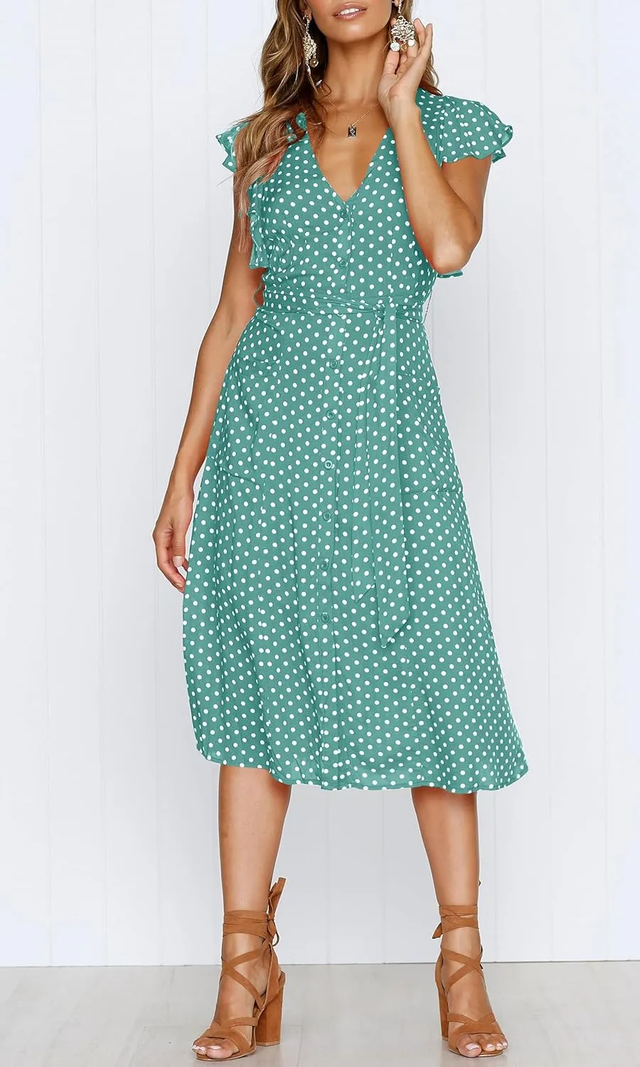 MITILLY Women's Boho Polka Dot Flutter Short Sleeve V Neck Button Down Swing Midi Dress with Pockets