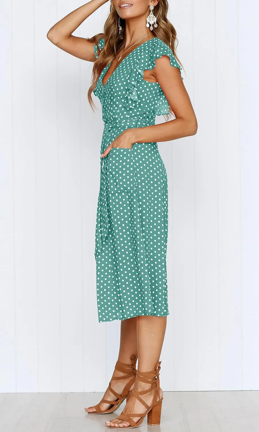 MITILLY Women's Boho Polka Dot Flutter Short Sleeve V Neck Button Down Swing Midi Dress with Pockets