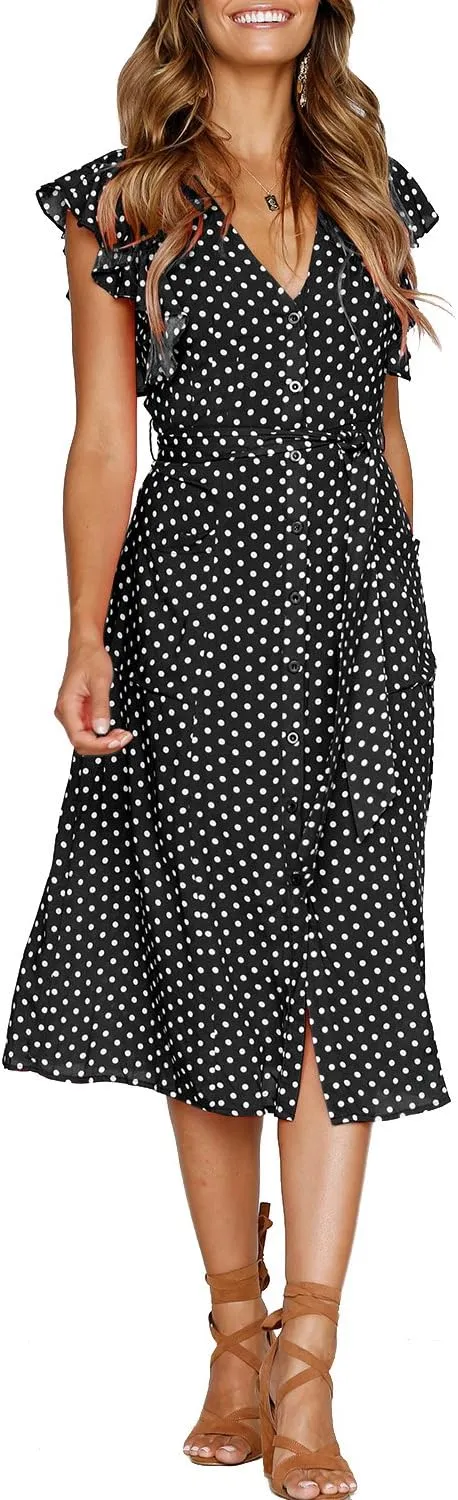 MITILLY Women's Boho Polka Dot Flutter Short Sleeve V Neck Button Down Swing Midi Dress with Pockets