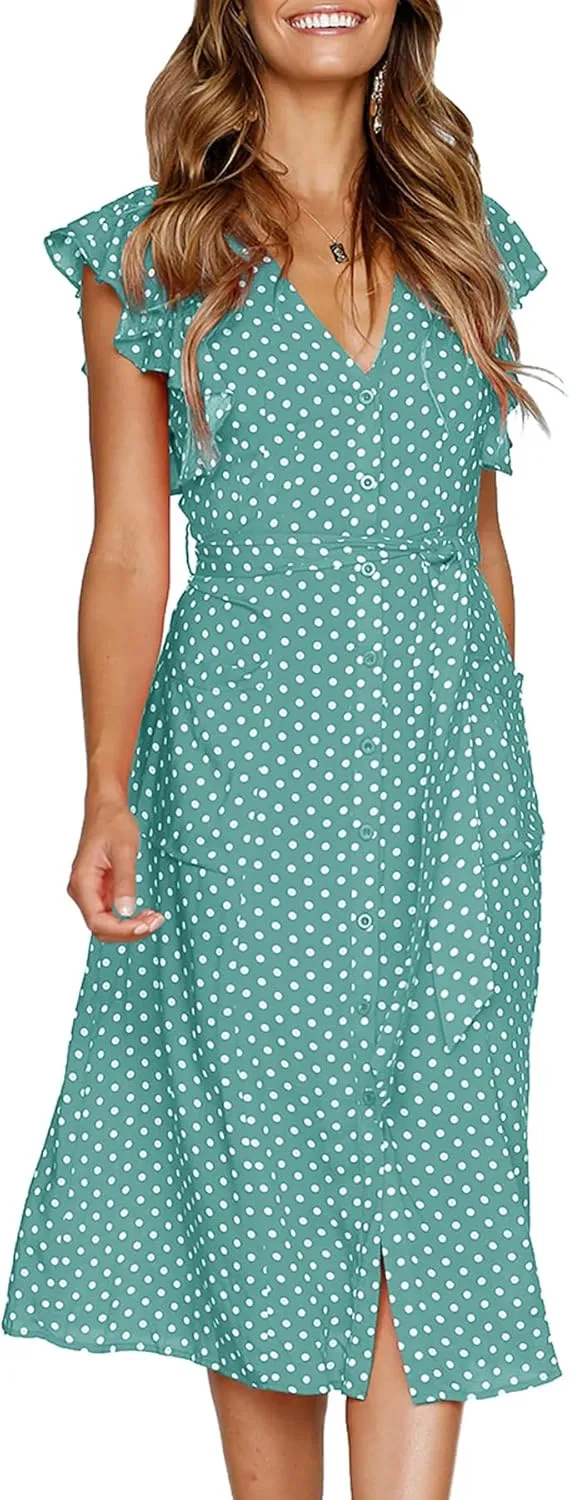 MITILLY Women's Boho Polka Dot Flutter Short Sleeve V Neck Button Down Swing Midi Dress with Pockets
