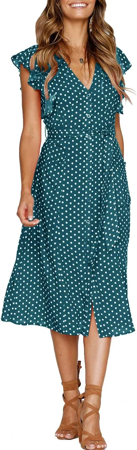 MITILLY Women's Boho Polka Dot Flutter Short Sleeve V Neck Button Down Swing Midi Dress with Pockets