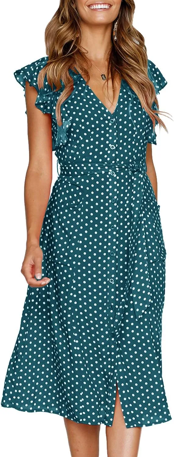 MITILLY Women's Boho Polka Dot Flutter Short Sleeve V Neck Button Down Swing Midi Dress with Pockets