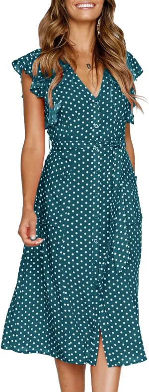 MITILLY Women's Boho Polka Dot Flutter Short Sleeve V Neck Button Down Swing Midi Dress with Pockets