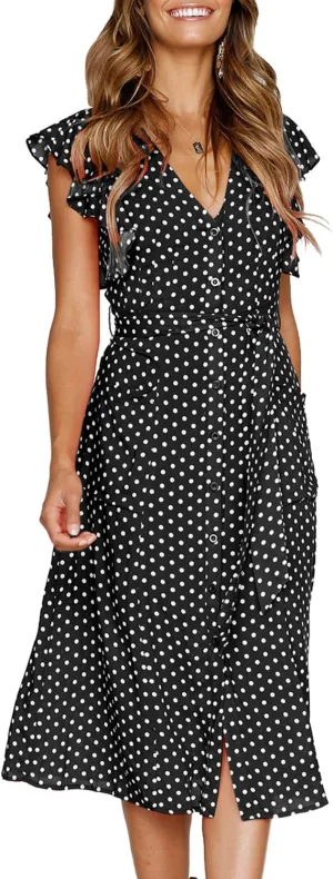 MITILLY Women's Boho Polka Dot Flutter Short Sleeve V Neck Button Down Swing Midi Dress with Pockets