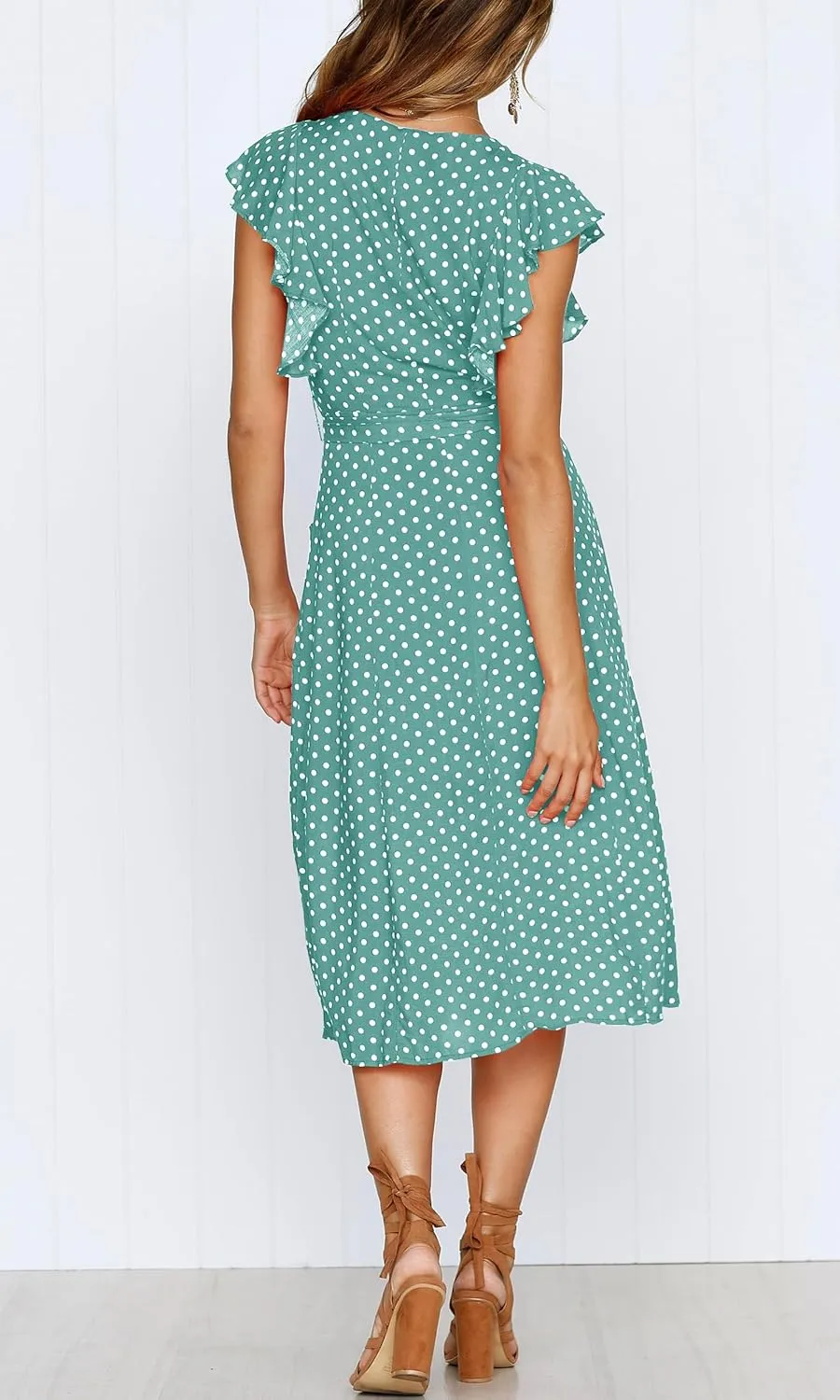 MITILLY Women's Boho Polka Dot Flutter Short Sleeve V Neck Button Down Swing Midi Dress with Pockets