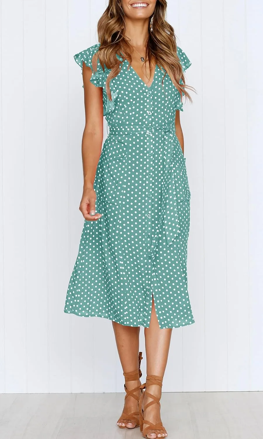 MITILLY Women's Boho Polka Dot Flutter Short Sleeve V Neck Button Down Swing Midi Dress with Pockets