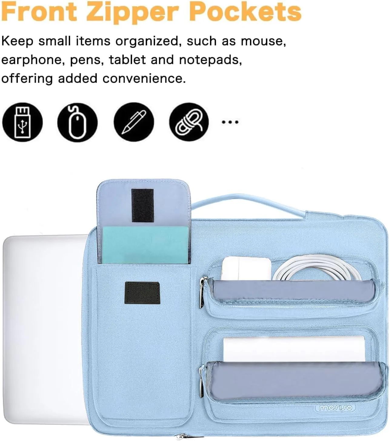 MOSISO 360 Protective Laptop Case 13.3 inch, 13-14 inch Laptop Sleeve Compatible with MacBook Air/Pro 13 / Pro 14, HP Dell ASUS Lenovo, Side Open Bag with 2 Raised&1 Flapover Pockets, Air Blue