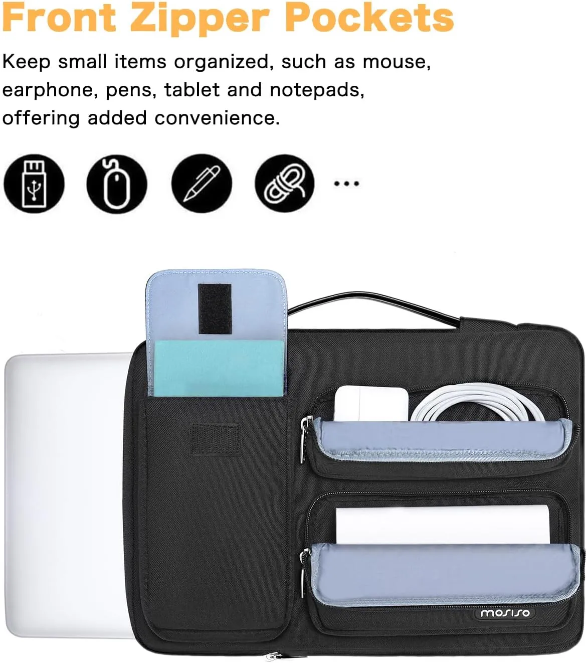 MOSISO 360 Protective Laptop Case 13.3 inch, 13-14 inch Laptop Sleeve Compatible with MacBook Air/Pro 13 / Pro 14, HP Dell ASUS Lenovo, Side Open Bag with 2 Raised&1 Flapover Pockets, Black