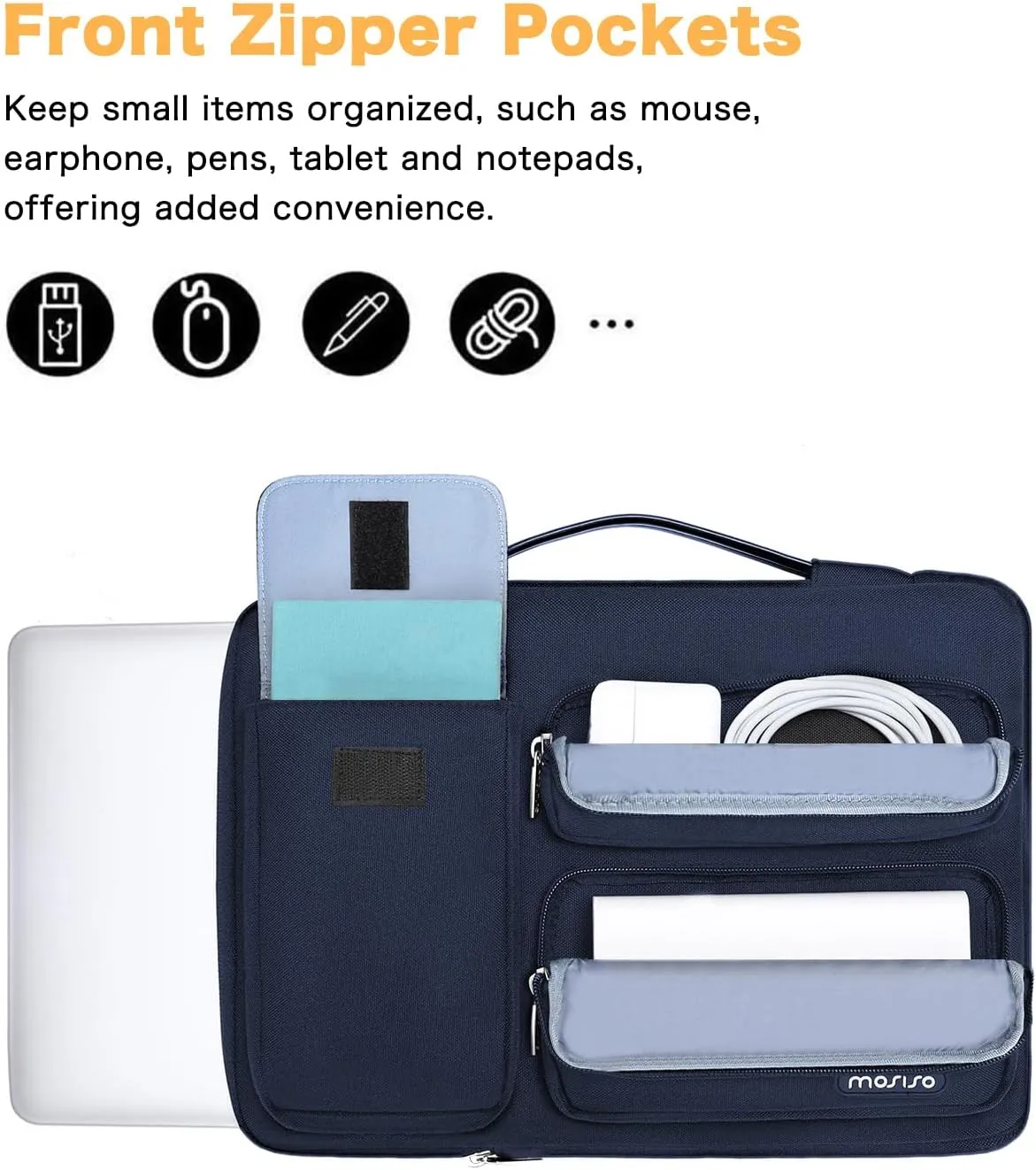 MOSISO 360 Protective Laptop Case 15 inch, Laptop Sleeve Compatible with MacBook Air 15 M4 A3241 M3 A3114 M2 A2941 2025-2023, Dell XPS 15, Side Open Bag with 2 Raised&1 Flapover Pockets, Navy Blue