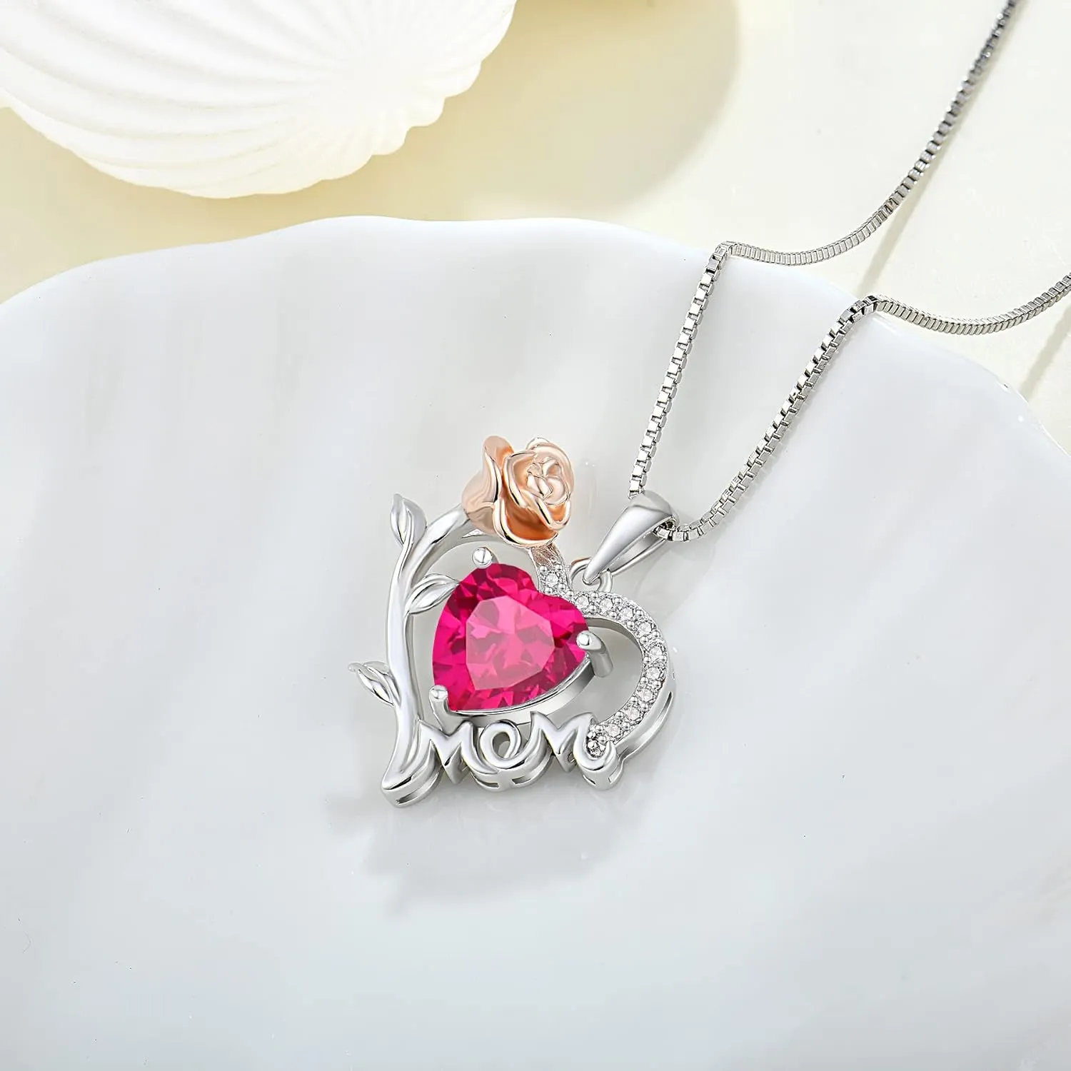 Mother's Day Heart Pedant Necklace 925 Sterling Silver Rose Forever Love Heart Pendant Letter Mom Necklace Sparkling Jewelry for Christmas Anniversary