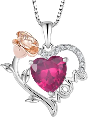 Mother's Day Heart Pedant Necklace 925 Sterling Silver Rose Forever Love Heart Pendant Letter Mom Necklace Sparkling Jewelry for Christmas Anniversary