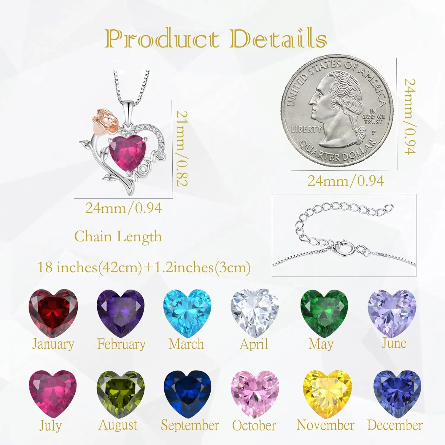 Mother's Day Heart Pedant Necklace 925 Sterling Silver Rose Forever Love Heart Pendant Letter Mom Necklace Sparkling Jewelry for Christmas Anniversary