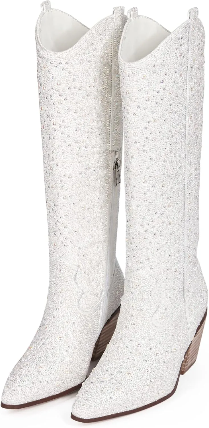 MUCCCUTE Women's Rhinestone Mid Calf Boots Sparkly Block Heel Cowboy Boots Glitter Boots