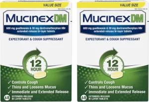 Mucinex DM 12 Hour Cough and Chest Congestion Medicine, Expectorant & Cough Suppressant, Powerful Symptom Relief, Extended-Release Bi-Layer Tablets, Multi, 136 Count, Pack of 2