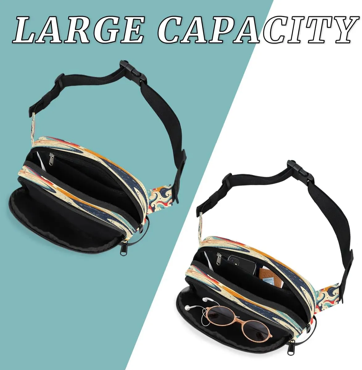 Multicolor Pattern Retro Cool Fanny Packs for Women Men Waterproof Waist Bag with Adjustable Strap Belt Bag for Travel Running Hiking