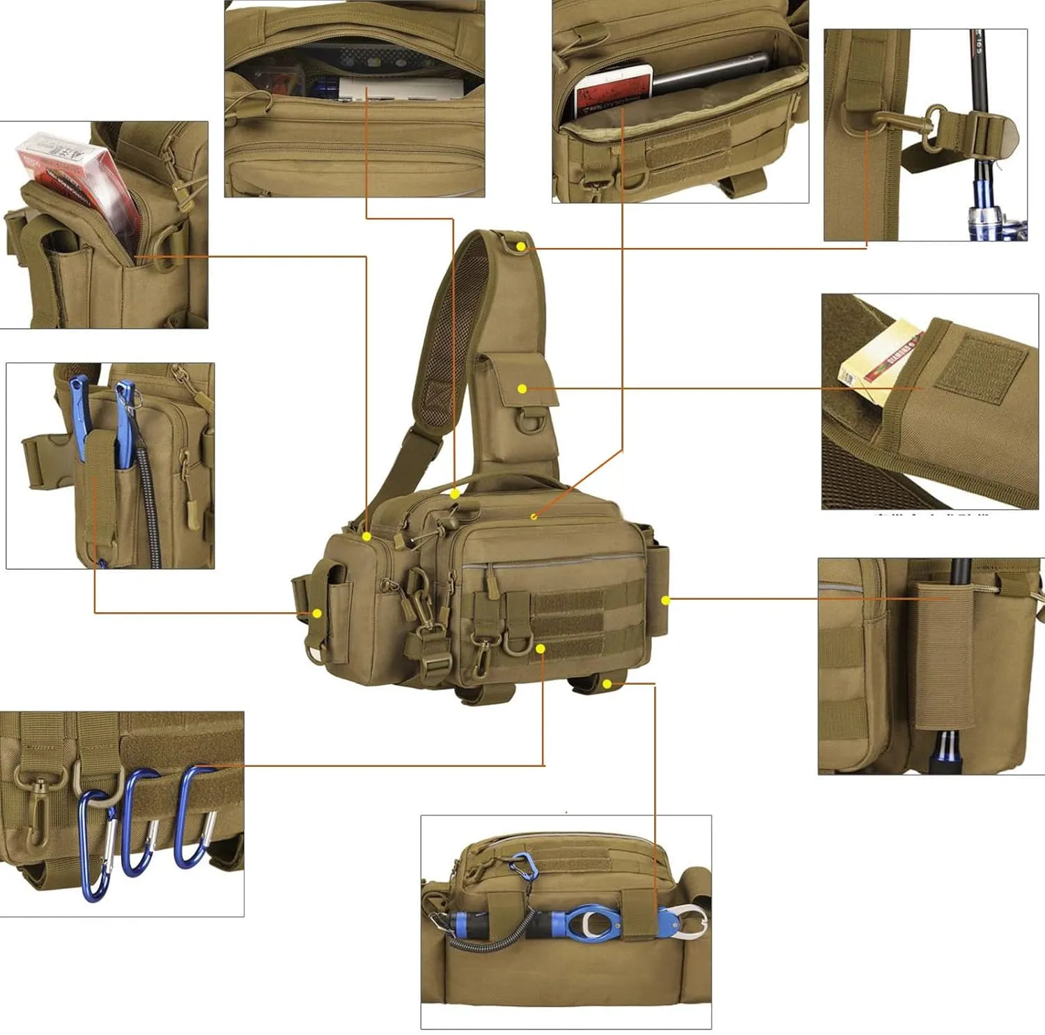 Multipurpose Sling Fishing Tackle Bag Waist Pack Tactical Chest Bag Admin Pouch Fishing Fanny Pack and Tackle Storage Hip Bag Cross Body Sling Pack （Brown）