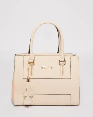 Natural Demi Panel Tassel Tote Bag