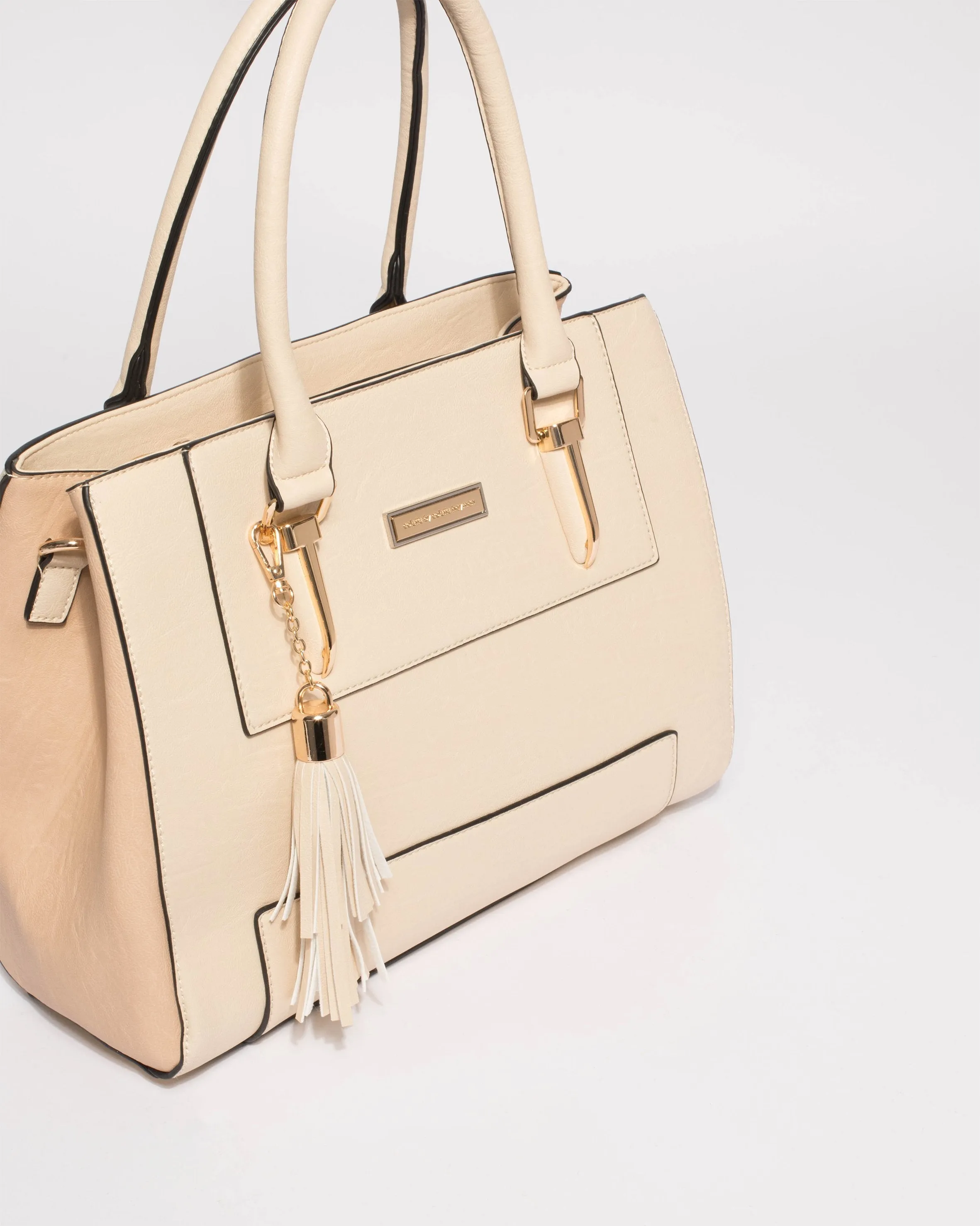Natural Demi Panel Tassel Tote Bag