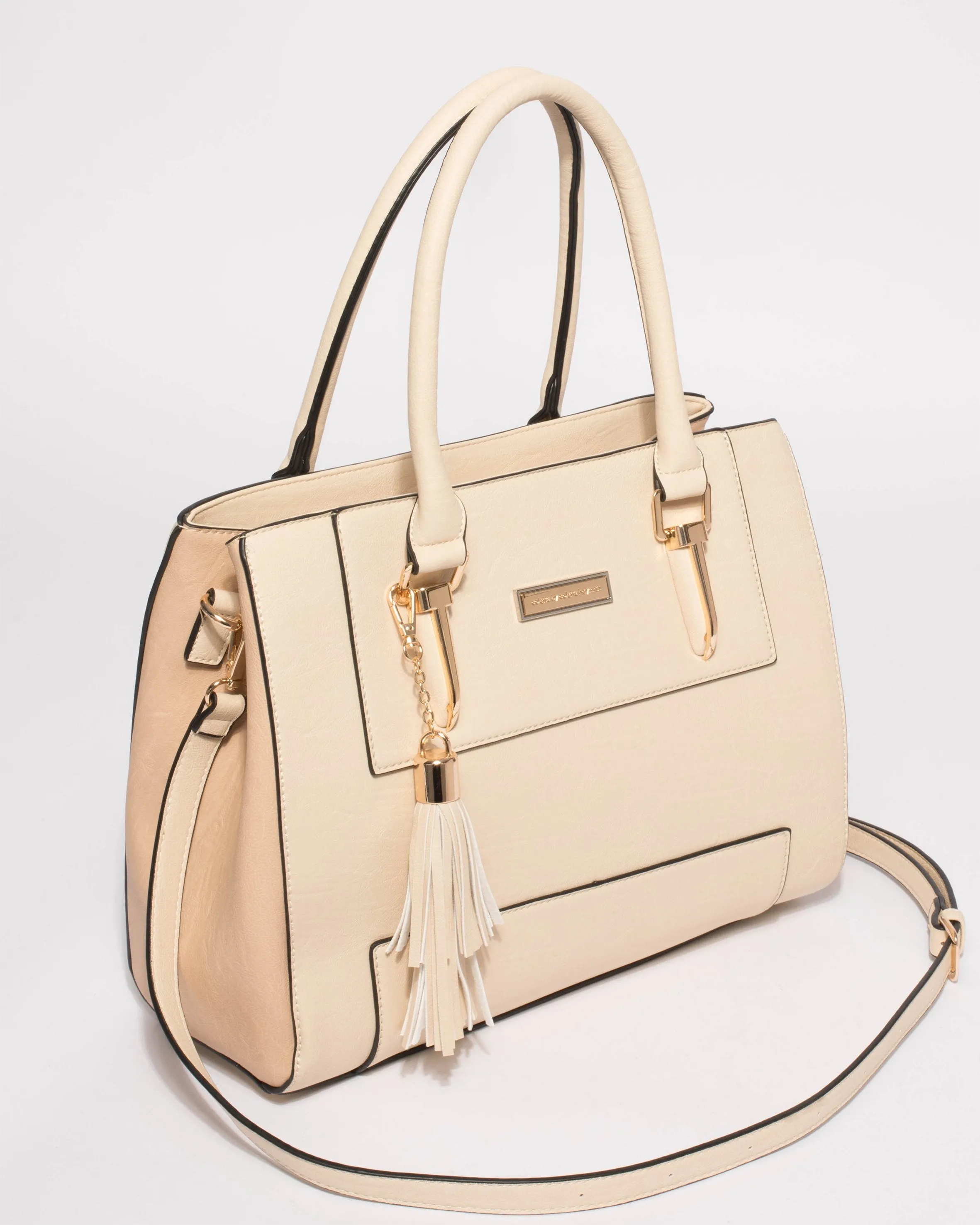 Natural Demi Panel Tassel Tote Bag