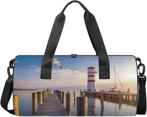 Nautical Lighthouse Travel Duffel Bag Seagull Wooden Bridge Sports Gym Bag Men Women Sports Travel Luggage Bag 17.6”×9”×9 “ Duffel Bag Weekend Overnight Gym Bag Nvenient For Carrying