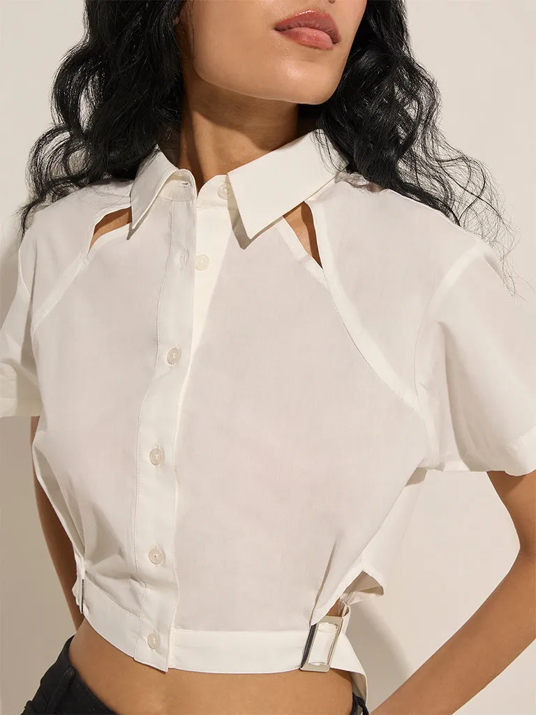 Nuon White Cut-Out Detailed Cotton Blouse