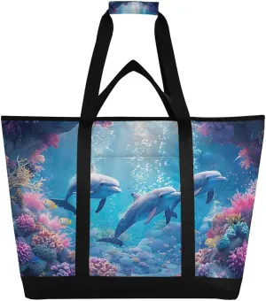 Ocean Dolphins Reusable Insulated Lunchbox Cooler Bag, Leakproof Kitchen Grocery Bag Collapsible Portable Cooler Tote Bag for Picnic, Camping, Office, Travel