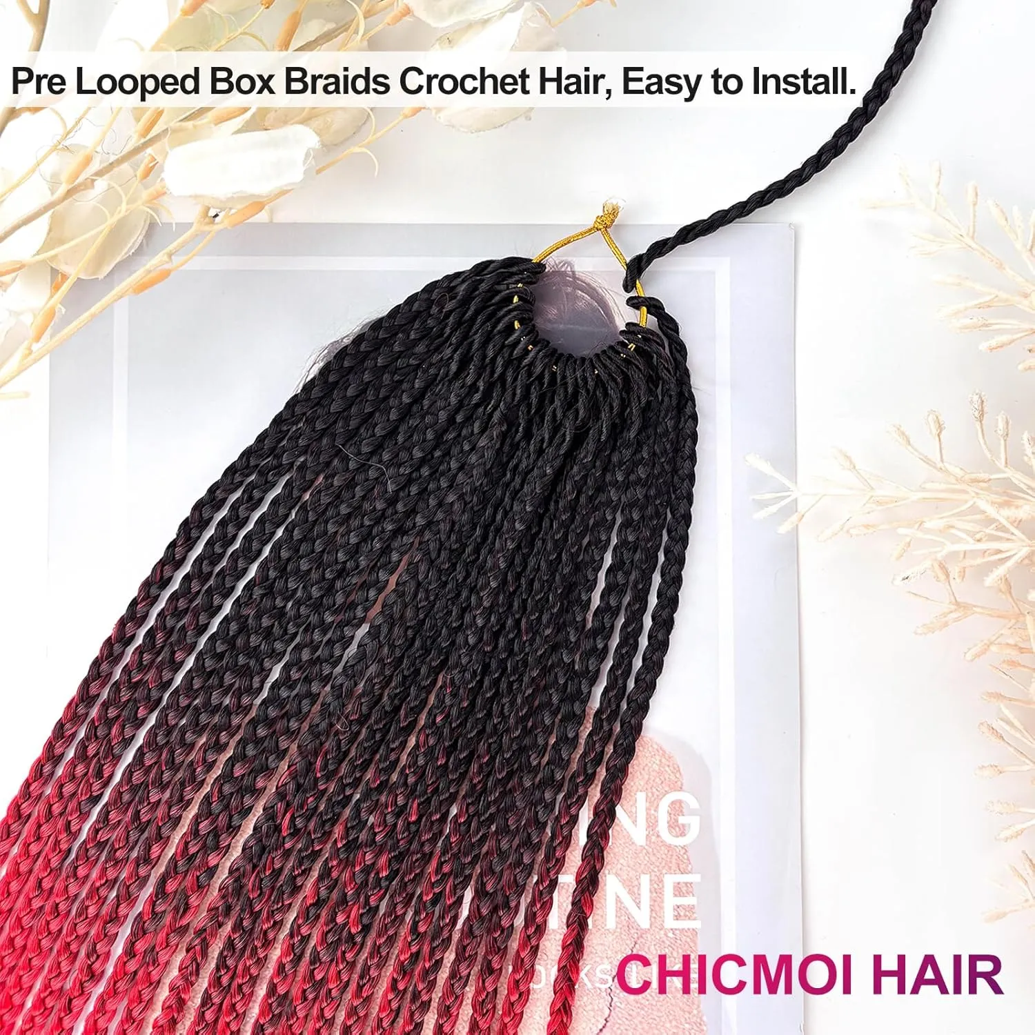 Ombre Red Crochet Braids Pre Looped 20 Inch T1B/red Box Braids Crochet Hair For African women Girl 6 Packs Small Size Crochet Box Braids Extension (Black to Red, 20 inch 6 packs)