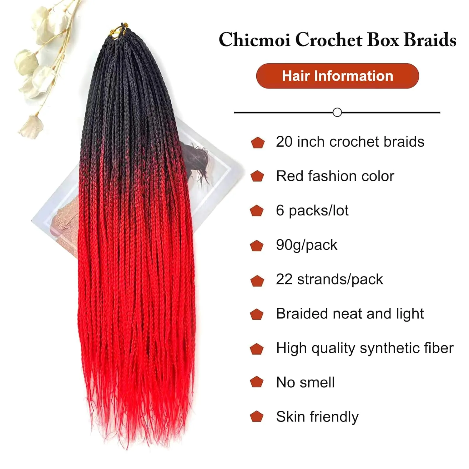 Ombre Red Crochet Braids Pre Looped 20 Inch T1B/red Box Braids Crochet Hair For African women Girl 6 Packs Small Size Crochet Box Braids Extension (Black to Red, 20 inch 6 packs)